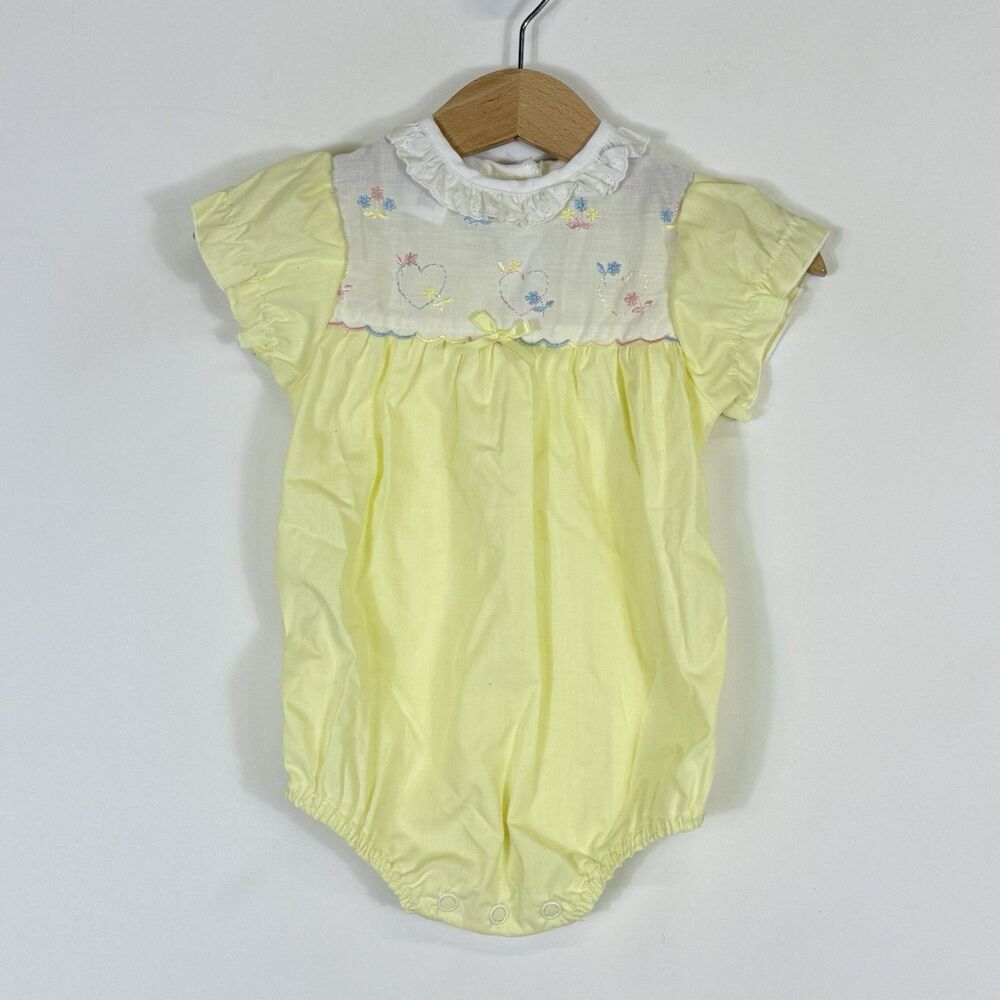 Vintage Stone Apparel Bubble Romper Girls 9 Mos Spring Yellow Heart‎ Embroidered